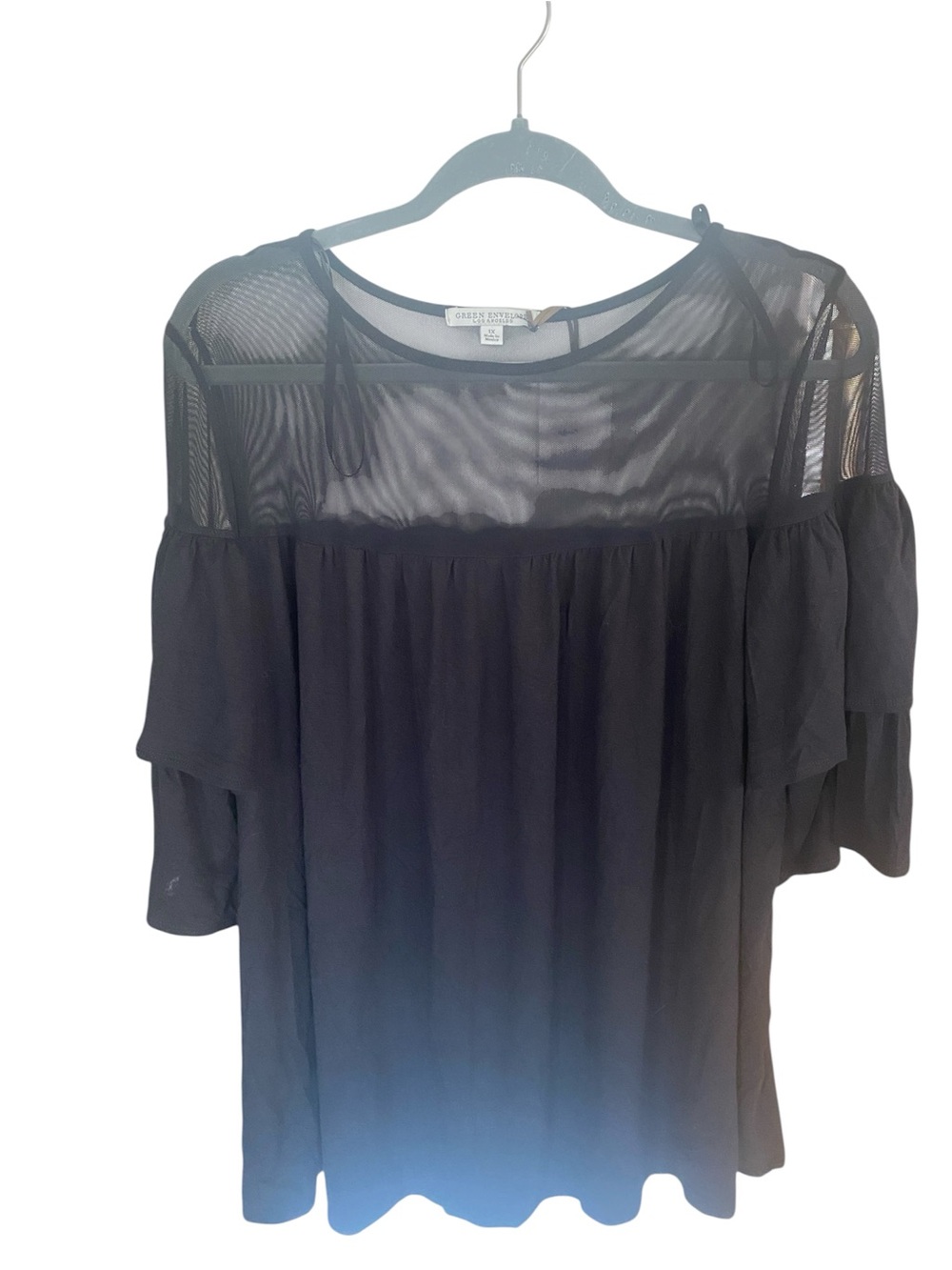 Green Envelope Black Sheer Yoke Top With Tiered Ruffled Sleeves Size 1X